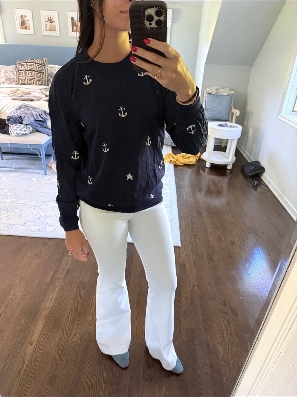J. Crew Navy Blue Sweater with White Anchor Pattern